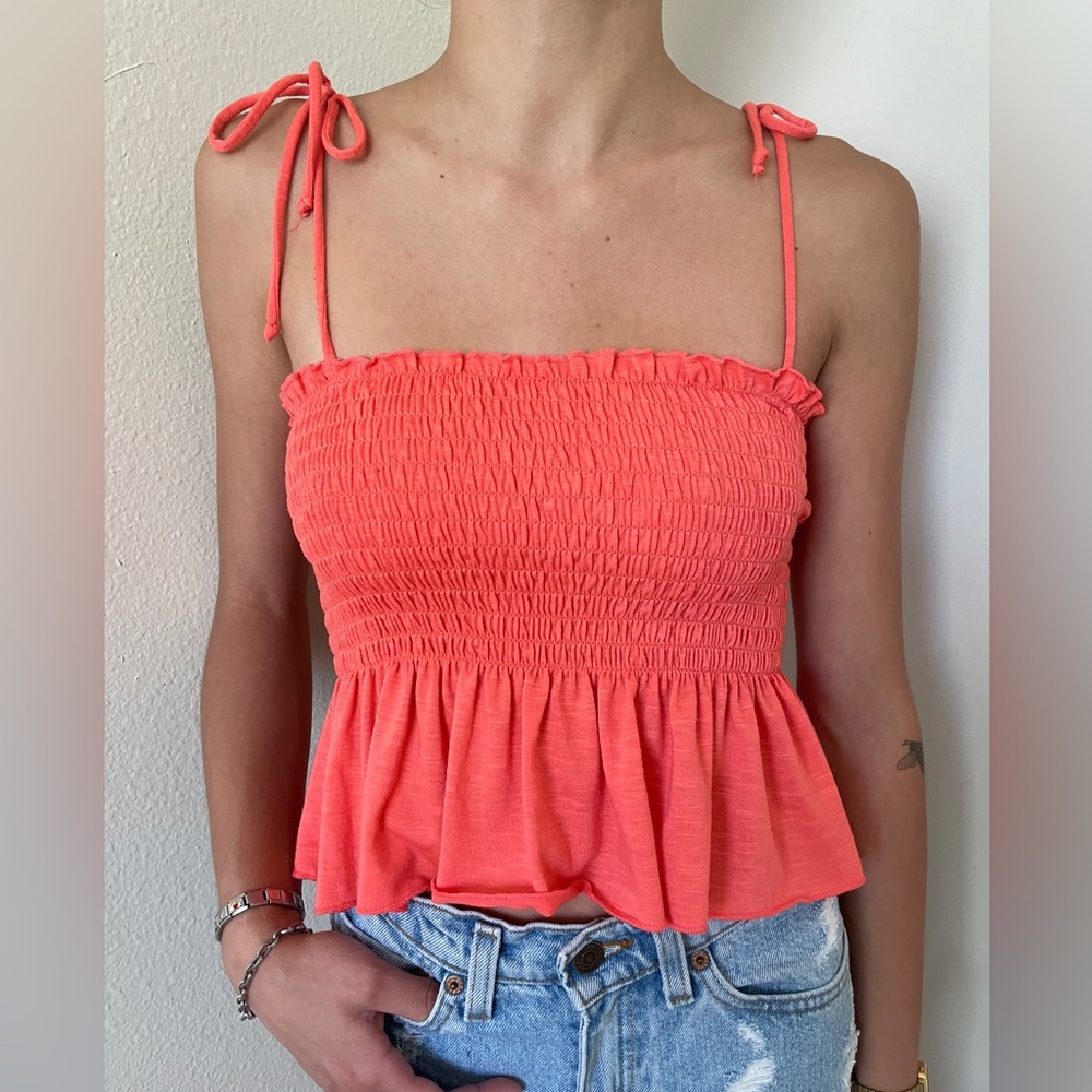 Smocked babydoll tank top with spaghetti ties - Orange XS